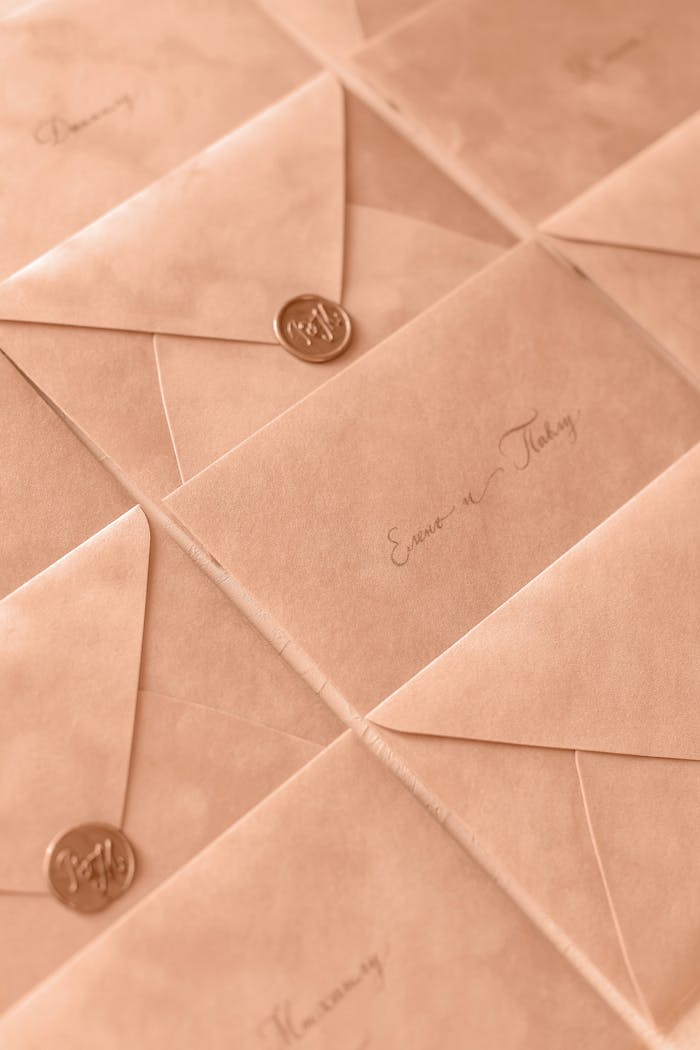 A collection of elegant wedding invitation envelopes with wax seals in a soft, warm tone.